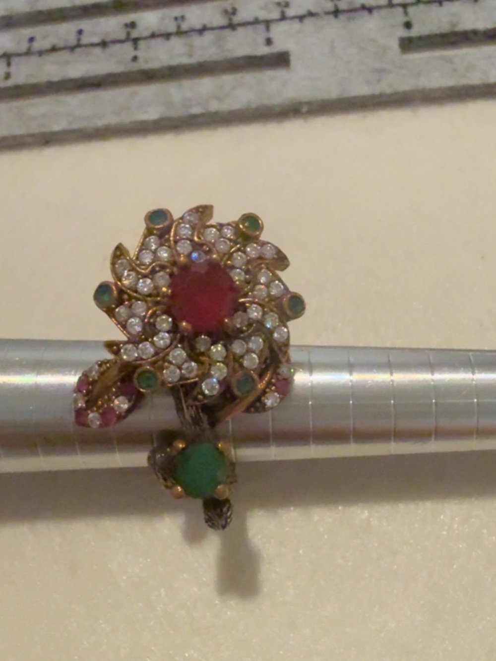 Vintage Sterling Silver925Ring with Ruby, Emerald & Diamond Accent Floral Design